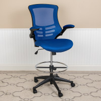 Flash Furniture BL-X-5M-D-BLUE-GG Mid-Back Blue Mesh Ergonomic Drafting Chair with Adjustable Foot Ring and Flip-Up Arms